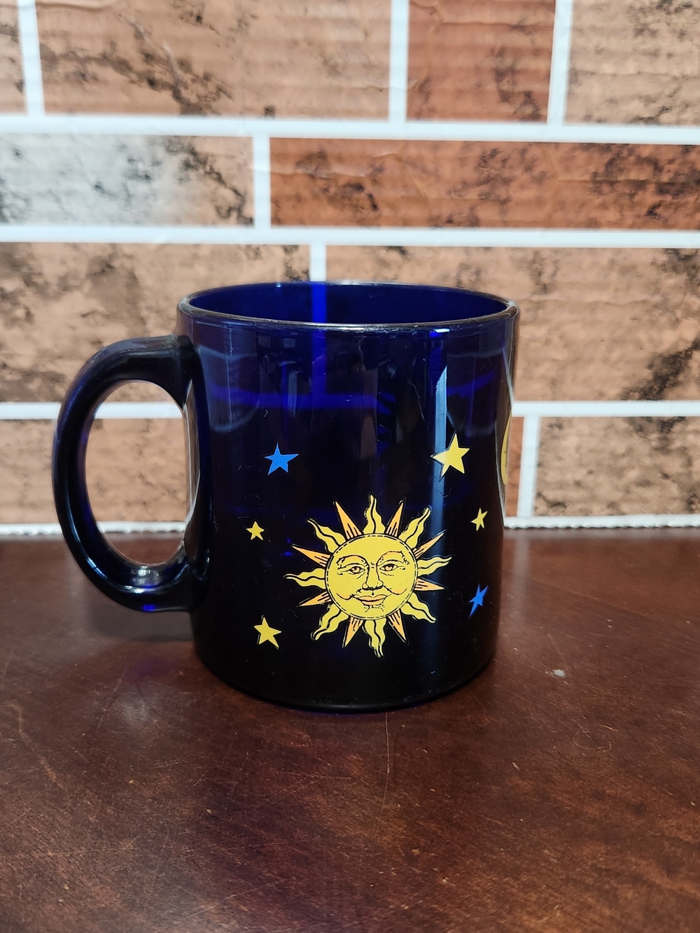 Cobalt Blue Glass Mug with Yellow Sun & Moon Motif - Picture 2 of 5